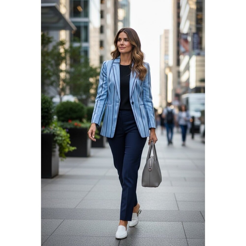 Vince Camuto Striped Single Button Blazer Glacier Valley Blue Size 2